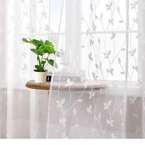 New White Sheer Leaf Patterned Curtains 72 Inches Long 2 Panels